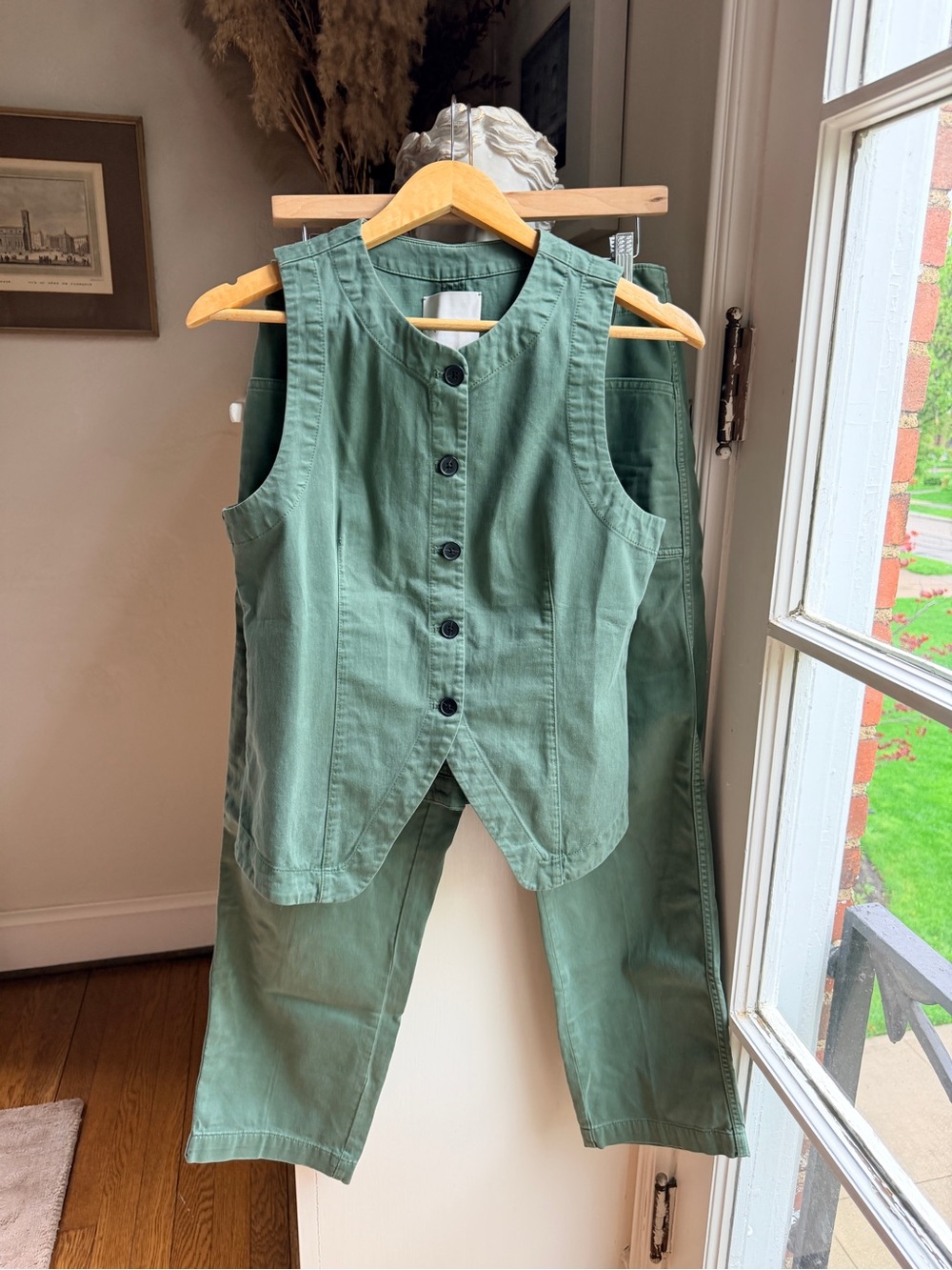 Madewell Sleeveless Button-Front Vest and Cropped Pants in Sage Green SET